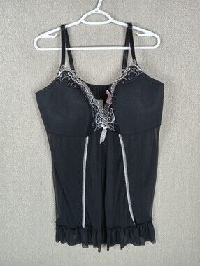 Cacique by Lane Bryant Babydoll Chemise Lingerie Sheer Mesh Silver Embroidered